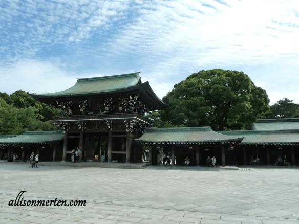 Meiji Shrine. Beautiful buildings against a beautiful sky surrounded by beautiful trees. Just breath-taking! :-D